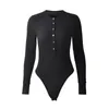 Женские комбинезоны, брендовые женские базовые однотонные футболки на пуговицах с длинным рукавом, сексуальное боди, черный комбинезон 230914