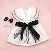 Dog Apparel Pet Dress Flying Sleeves Gauzy Splicing V Neck Black Bowknot Faux Pearl Spring Summer Small Puppy Cat Clothes Supplies