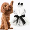 Dog Apparel Pet Dress Flying Sleeves Gauzy Splicing V Neck Black Bowknot Faux Pearl Spring Summer Small Puppy Cat Clothes Supplies