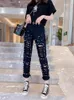 Pantalons Femmes Summer Femmes Mode Perlée Trous Jeans Lâches Dames Taille Haute Personnalité Mince Denim Harem Femelle Noir Ripped Jean