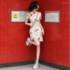 Etniska kläder moderna qipao sommartryck blomma mini cheongsam vestidos oriental unga flickor scen show klänning kinesisk stil damer sexig qi