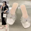 Slippers Hoge Hakken Kristal Bowtie Vrouwen 2023 Zomer Open Teen Transparante Pvc Sandalen Vrouw Clear Hakken Party Fashion Slides