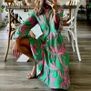 Vestidos casuais mulheres boho vestido verde rosa flores v pescoço longo trompete mangas maxi botão para baixo solto férias praia vestido