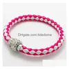 Charm Bracelets New Braided Pu Leather Magnetic Button Bracelet Cz Disco Crystal Bead Bangle Mticolor Handcraft Gift Drop Delivery Jew Dhigc