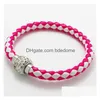 Charme Pulseiras Novo Trançado Pu Couro Botão Magnético Pulseira Cz Disco Cristal Bead Bangle Mticolor Artesanato Presente Drop Delivery Judeu Dhigc