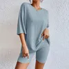 Two Piece Dress Tees Women'S T-Shirt Vacation Short Sets Fashion Ribbed Solid And Summer Shorts Suit Casual Lounge Knitting Two Tops Set Piece 230914