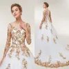 Gold Sequined Lace Wedding Dresses A-line Long Sleeve Bateau Lace-up Party Bridal Gowns Wedding Dress Custom Made Long Formal Dres2475