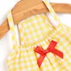 Vêtements pour chiens Vêtements pour animaux de compagnie Robe à bretelles à carreaux jaunes pour chiens Vêtements Chat Petit Bowknot Rouge Impression Mignonne Fille d'été Chihuahua