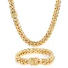 Collana con catena a maglie cubane, bracciale, set di gioielli, collana Miami in acciaio inossidabile placcato oro reale 18 carati con fibbia a molla di design251a