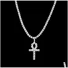 Iced Hip Hop Ankh Kreuz Anhänger mit 4 mm 18 20 1 Reihe Tenniskette Halskette Gold Silber Zirkonia Männer Frauen Hiphop Schmuck Drop Lieferung