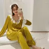 Women's Sleepwear Women 2PCS Spring Pajamas Suit Sweet Lace Collar White Home Wear Ruffles Trim Shirt&Pant Autumn Lounge Nightwear