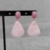 Stud Earrings YYGEM 20x25mm Natural Rose Quartz Fan Shape Drop Fuchsia Cz Pave Gemstone