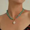 Chains Fashion Punk Large Special-shaped Pearl OT Buckle Alloy Necklace Temperament Simple Green Turquoise Choker Chain Jewelry254A