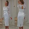 Vintage informal casual vestidos de casamento chá comprimento rendas mangas compridas curto vestido de noiva bainha alta jóia pescoço vestidos de noiva 287x