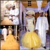 Abiti da sposa a sirena in oro stili nigeriani africani con maniche lunghe in rilievo Sweep Train Plus Size Abiti da festa da sposa Abiti De229y
