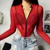 Kobiety Jumpsuits Rompers Mesh Bodysuit moda zamek błyskawiczny przezroczysty chude klub nocny długie rękawowe płaszcz seksowne kobiety kombinezony żeńskie 230914