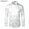 メンズロングスリーブシルクサテンドレスシャツ2018真新しいホワイトウェディングタキシードシャツメンスリムフィットビジネスソーシャルシャツchemis229f