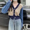 Malhas femininas curto denim retalhos cardigans mulheres casacos de malha estilo coreano camisola jaquetas com decote em v primavera outono suéteres listrados