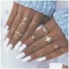 Cluster Rings Bohemian Midi Knuckle Finger Set For Women Vintage Turtle Elephant Lotus Moon Crystal Gold Sier Boho smycken Drop Delive Dhnxw