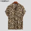 Verão manga curta leopardo impressão camisa masculina lapela pescoço solto botão acima blusa respirável streetwear sexy camisas masculino incerun 2020263o