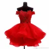 2020 Red Lace Short Homecoming Dresses Cheap Off The Shoulder Organza Ruffles Beaded A Line Appliques Formal Beaded Prom Party Dre226A