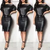 Basic Casual Dresses Casual Dresses Black Asymmetrical Sexy Faux Leather Bodycon Dress Women Summer Long Sleeve Knee Length Pencil L230916