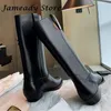 Buty British Style Chunky Heel Knight Women Square Stop Platforma biuro Lady Mid Calf Elegant Designer Buty 2309915