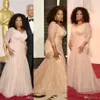 Oprah Winfrey Oscar Celebrity Errötendes Rosa Mutter der Braut Kleider V-Ausschnitt Tüll Lange Ärmel Drapiert Sweep Zug Party Formal Eve258j