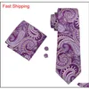 Classic Silk Mens Neckties Purple Tie Sets Paisley Mens Necktiestie Hanky Cufflinks Jacquard Woven Meeting Business Wedding Party 271a