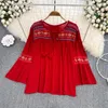 Blusas de Mujer, Blusas bohemias, Top para Mujer, 2023, cuello redondo, manga acampanada, bordado Floral, Camisas para Mujer, blusa holgada con pliegues y cordones