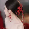 ヘアクリップ中国の赤いアクセサリーエスニック花嫁フラワータッセルイヤリングセット結婚式とメイクアップスタイリング