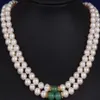 2 ROW 8-9MM SOUTH SEA WHITE GREEN JADE MOTHER PEARL NECKLACE YELLOW CLASP293s