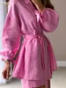 Women's Tracksuits Clacive Autumn LaceUp Robes Tops Two Pieces Set Womens Casual Loose High Wiast Shorts Elegant Pink Home Suit With 230915