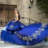 Koningsblauw Quinceanera Jurken Mexicaanse 2020 Sweetheart Baljurk Galajurken Met Gouden Applicaties Corset Top Sweet 16 Galajurk v314O