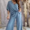 Women's Two Piece Pants Casual Loose Fit Set Stylish Summer V-neck Batwing Tops Wide Leg Outfit With Elastic