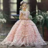 Cute Pink Lace Flower Girls Dresses Jewel Neck Beaded 3D Floral Appliqued Toddler Pageant Dress Corset Back Kids Prom Gowns304U