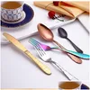 Dinnerware Sets 4Pcs/Set New Mticolor Rainbow Dinner Set Travel Cutlery Stainless Steel Knife Fork Scoops Sierware Drop Ship Delivery Dh3Mw