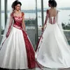 Vintage blanc et vin rouge robe de mariée avec long voile carré mancherons, plus la taille à lacets corset pays jardin robes de mariée Got298x