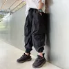 Byxor 2023 Summer Boys Clothing Casual Solid Color Kids Stricked Button Pocket Loose Korean Version Elastic Midje Cargo Trend Pants 230915