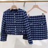 Sandro round neck deep blue plaid tweed jacket+A-line high waisted skirt