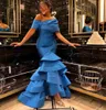 Elegante lange mermaid blaue taft abends kleidet sich schulter asymmetrisch gekräuselte reißverfertigung zurück Promise Robe de Soiree formelle Partykleid für Frauen