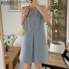 Basic Casual Dresses ZANZEA Women Korean Casual Round Neck Sleeveless Front Middle Pleated H Version Dress With Pockets L230916