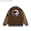 Womens Jackets American Retro Street Trend Travel Around The Earth Men Women Embroidered Baseball Uniform vintage Brown Fashion oversize Motorcycle Jacket Flocki