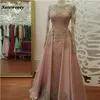 Real Po Bescheiden Blush Roze Prom Dresses Lange Mouw Kant Applicaties Crystal Party Jurken Avondkleding vestidos de fiesta284D