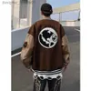 Womens Jackets American Retro Street Trend Travel Around The Earth Men Women Embroidered Baseball Uniform vintage Brown Fashion oversize Motorcycle Jacket Flocki