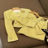 2023 Autumn Yellow Two Piece Dress Sets Long Sleeve Round Neck Tweed Single-Breasted Coat & Square Camisole & Short Skirt Suits Se235y