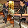 Sexy Black Jumpsuit Prom Dresses Sheer Neck Long Sleeves Beaded Lace Applique Evening Gowns Floor Length Dress Party Wear For Wome269g