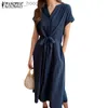 Grundlegende Freizeitkleider ZANZEA Damen-elegantes, lässiges, kurzärmeliges, elastisches Kleid mit V-Ausschnitt und Binderücken und Taschen L230916