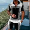 Roupas de treino masculino novo verão 2 peça calças conjunto oversized floral geo zíper polo calças outfits verão streetwear2951