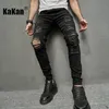 Mens Jeans Kakan European och American Knee Hole Black for Men high street mode Slim Fit Elastic Denim Pants K91024 230915